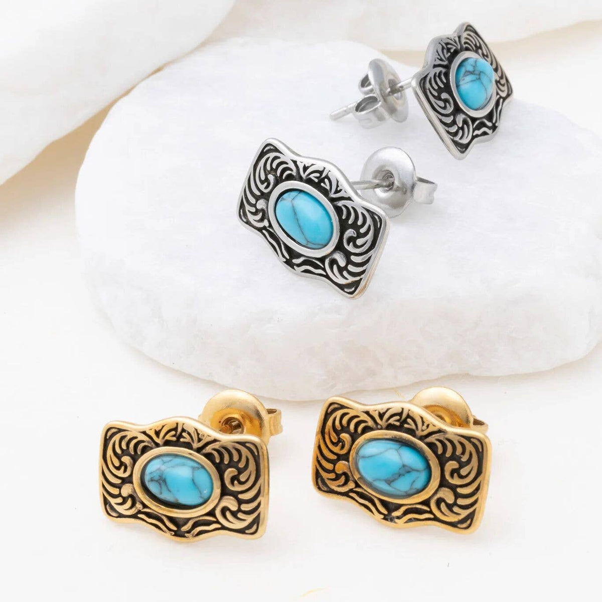 Gold Stainless Steel Turquoise Stone Buckle Stud Earrings: Gold