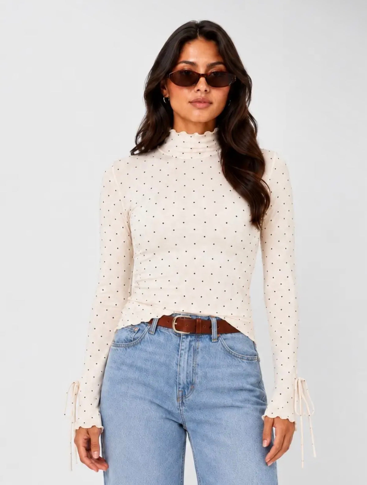 Polka Dot Ruffled Trim Long Sleeve Top