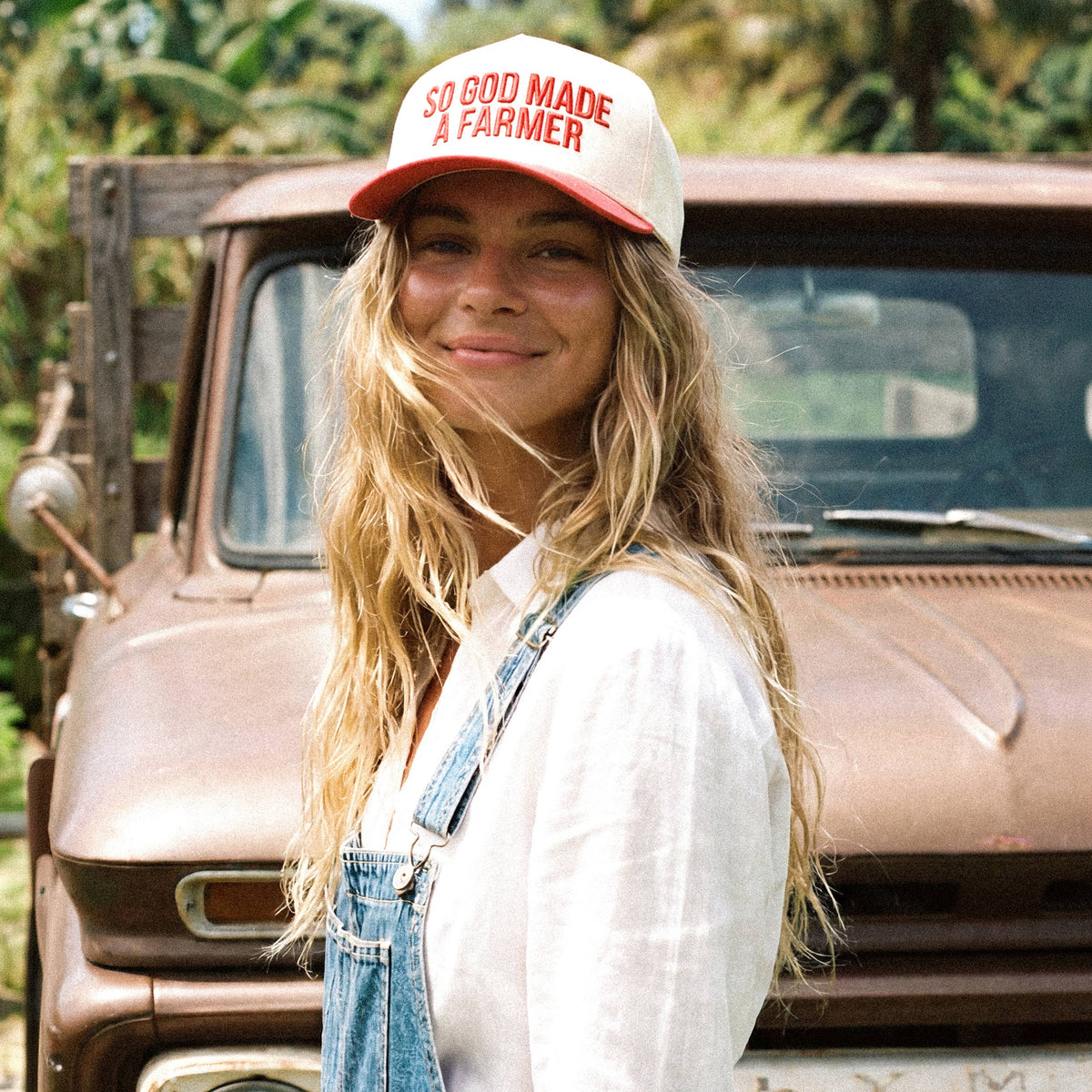 C.C SO GOD MADE A FARMER Letter Two Tone Trucker Hat: Red