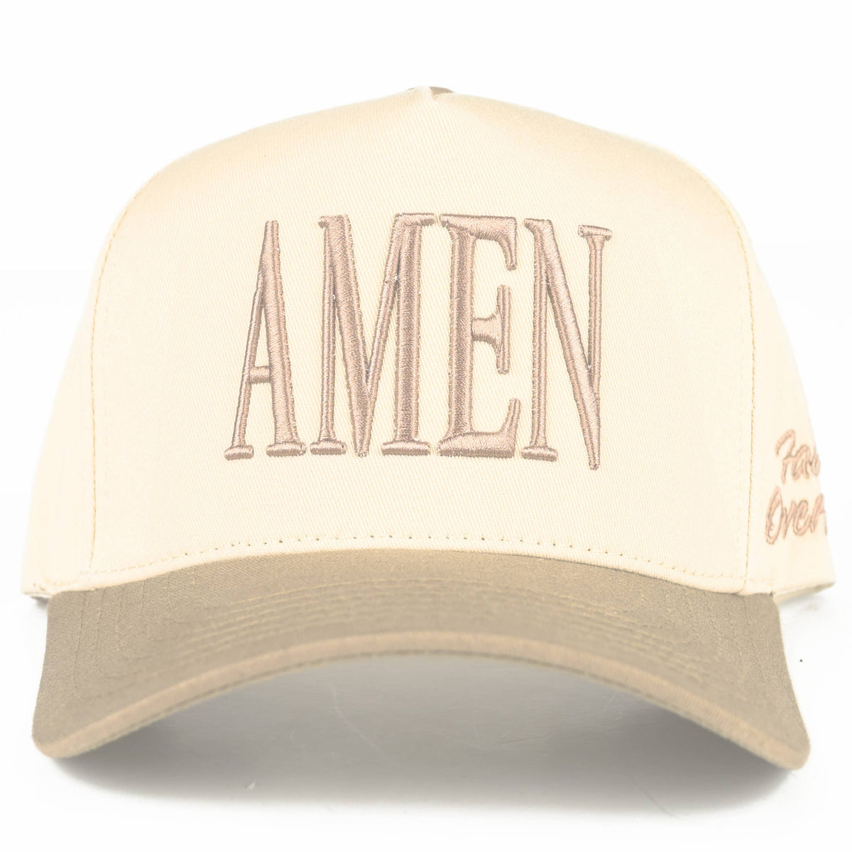 C.C AMEN Embroidered Letter Two Tone Trucker Hat: Beige