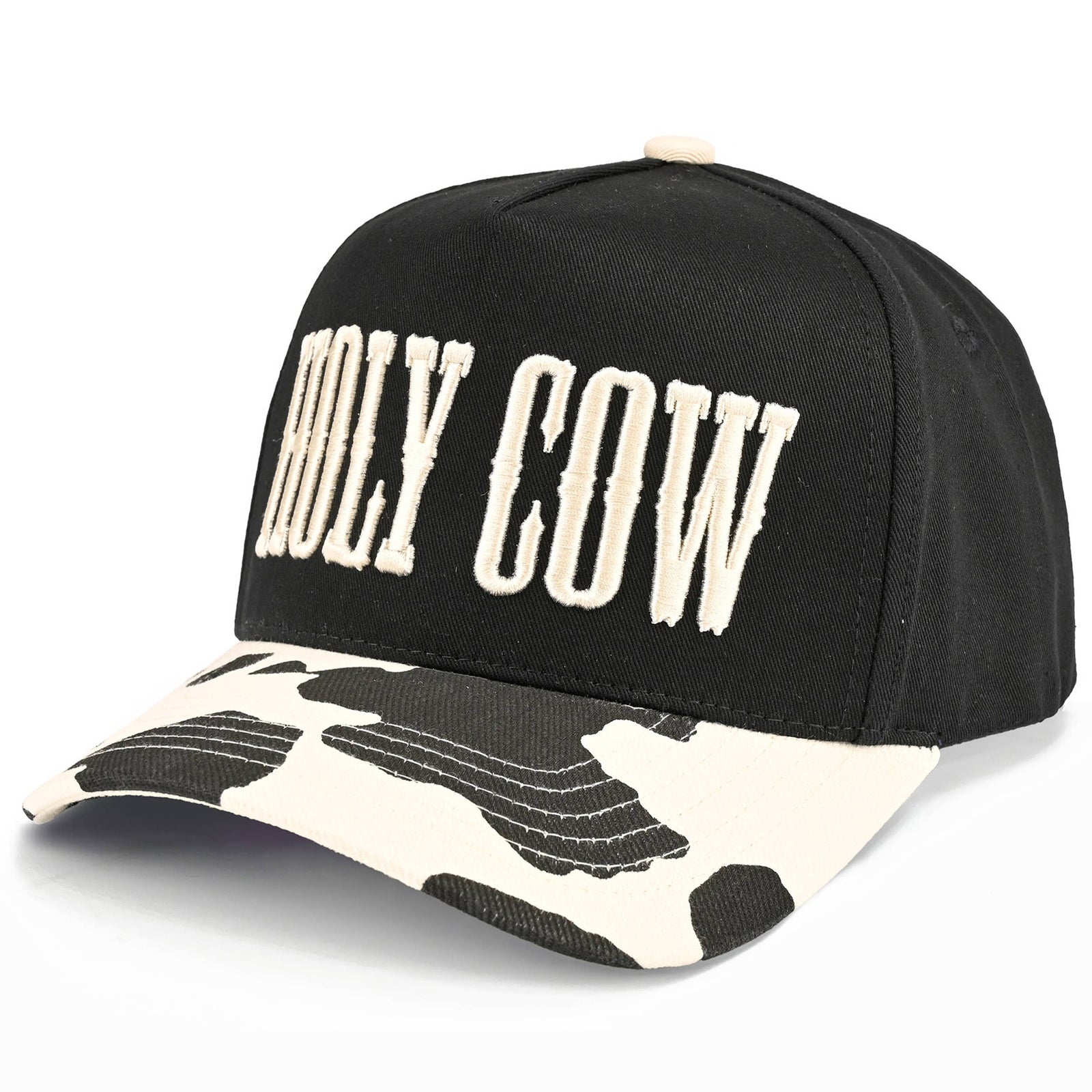 C.C HOLY COW Letter Embroidered Two Tone Trucker Hat: Black/Black
