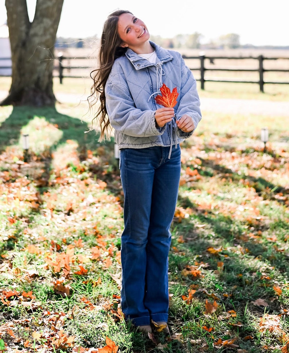 Denim Quilted Tie Puffer Jacket