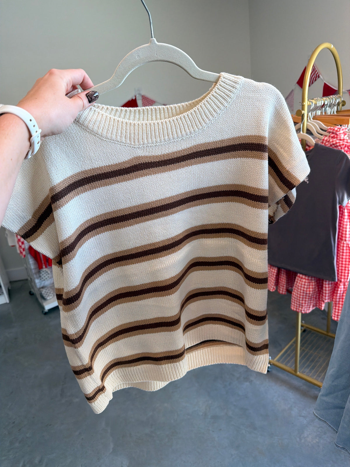 Cream and Brown Striped Sleeveless Top