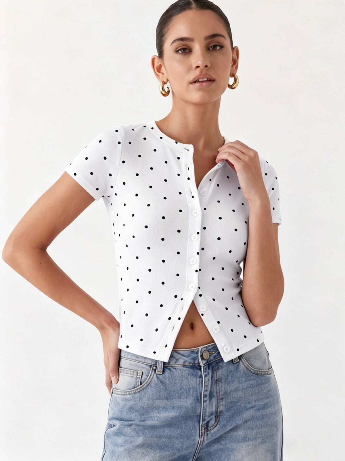 Ribbed Polka Dot Fitted Short Sleeve T-Shirt: White