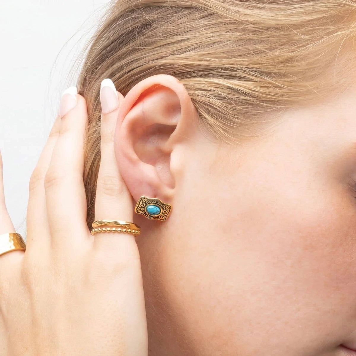 Gold Stainless Steel Turquoise Stone Buckle Stud Earrings: Gold