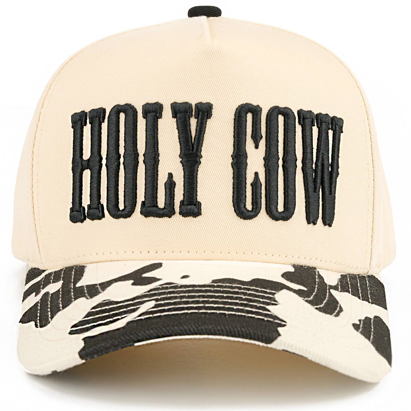 C.C HOLY COW Letter Embroidered Two Tone Trucker Hat: Black