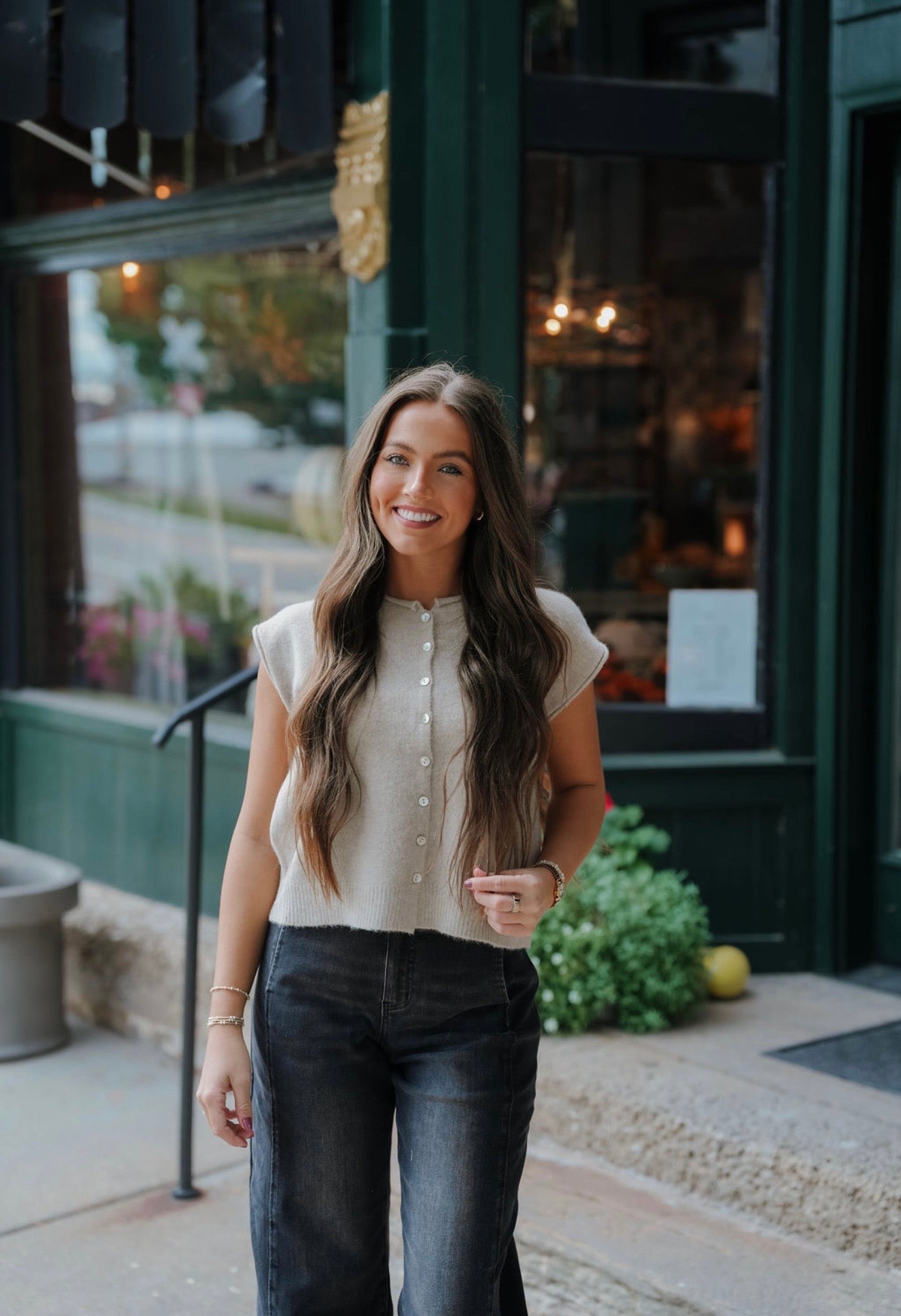Taupe Rolled Edge Button Front Sweater Vest