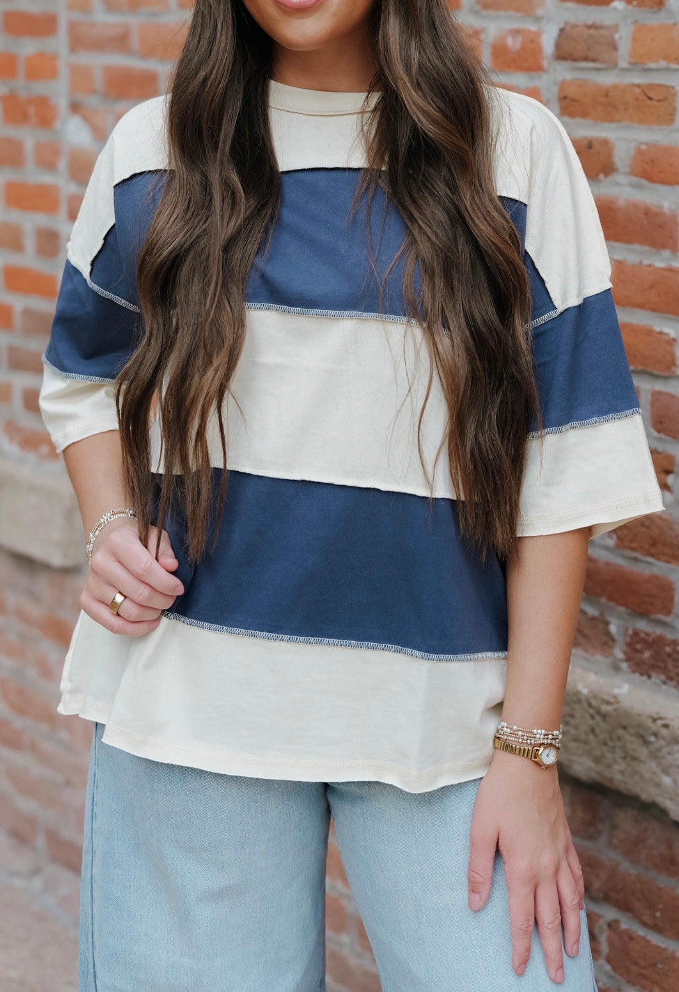 Navy Polly Color Block Top Tee