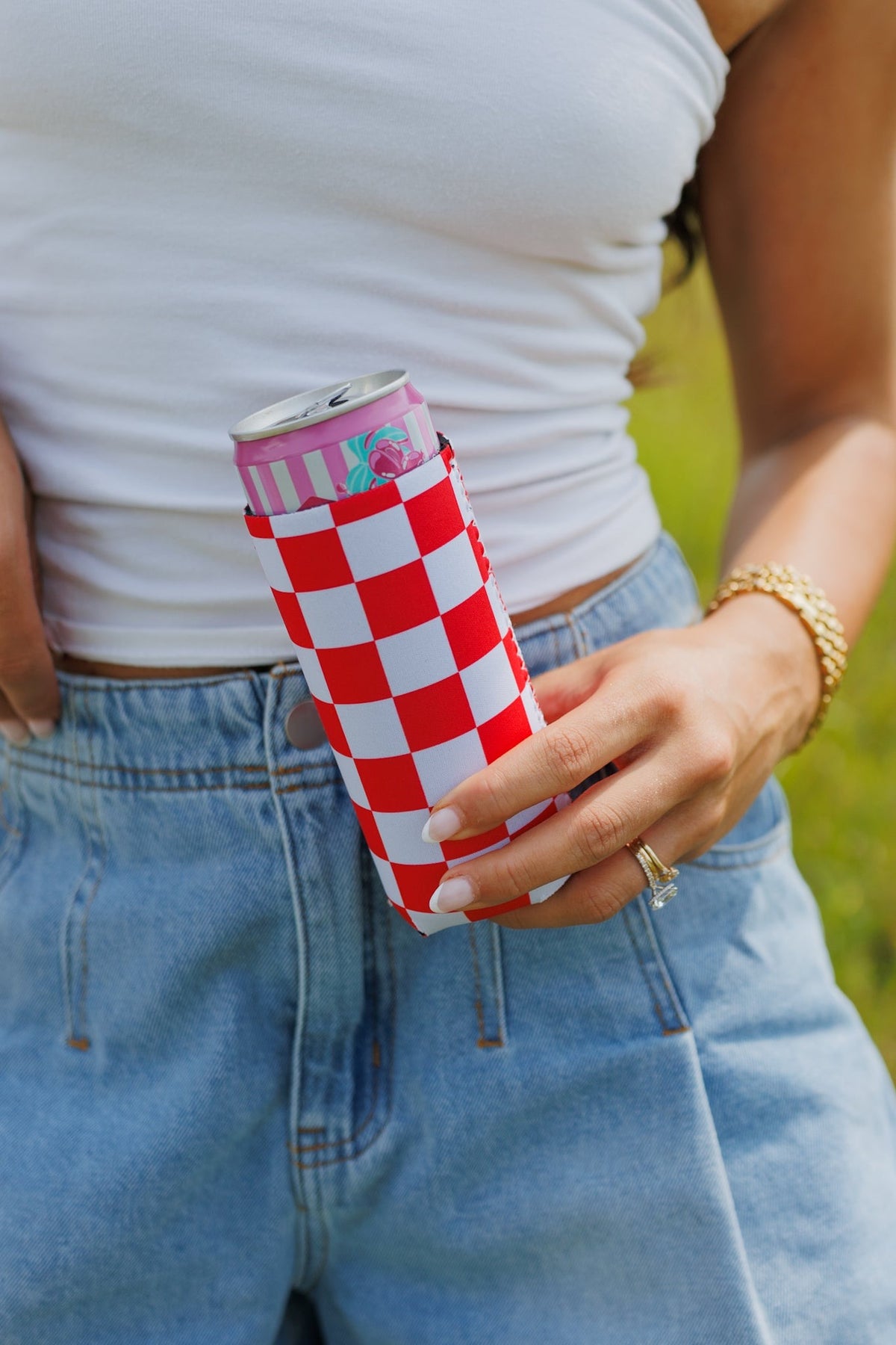 Checkerboard Red &amp; White Tall Coozie 2-Pack