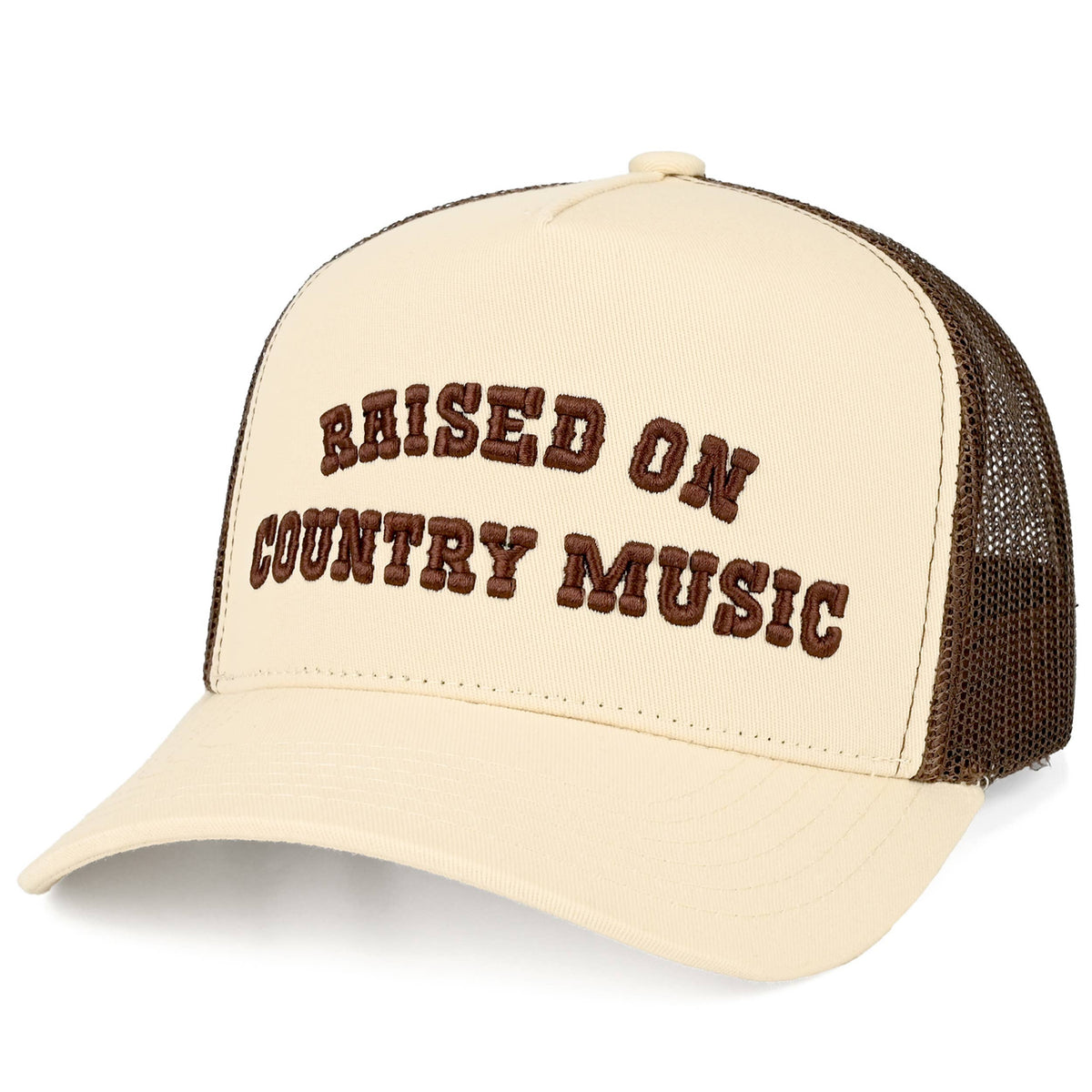 C.C RAISED ON COUNTRY MUSIC Letter on Two Tone Trucker Hat: Cream/Cream/Brown
