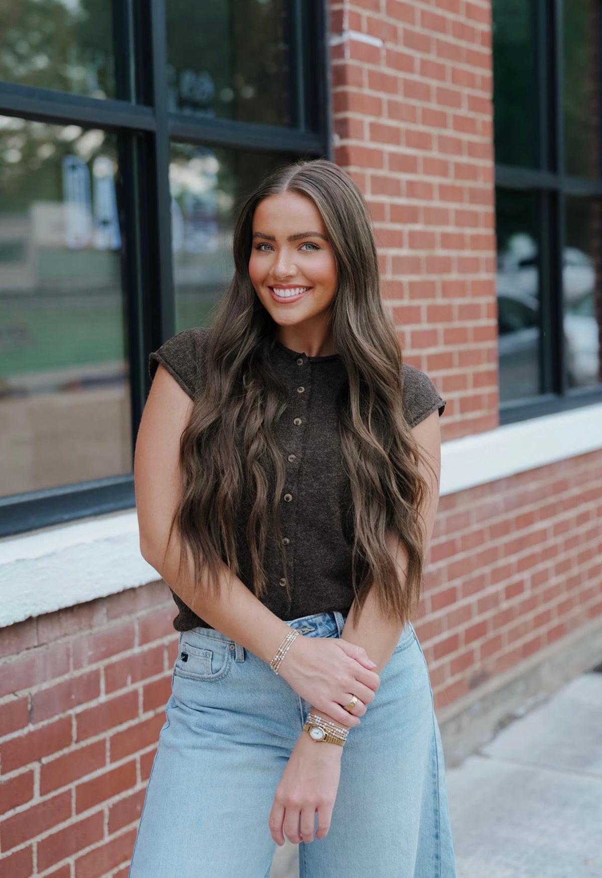 Brown Short Sleeve Button Down Sweater