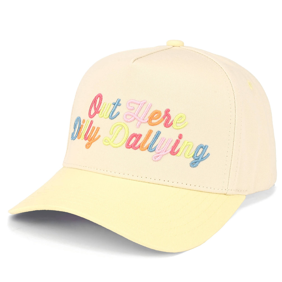 C.C OUT HERE DILLY DALLYING Letter on Two Tone Trucker Hat: Hot Pink