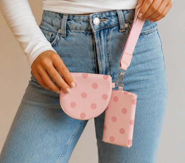 Pink Polka Dot Dual Pouch Wristlet