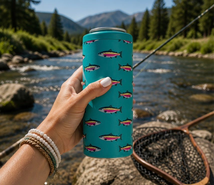 Teal Rainbow Trout Hard Cooling Can