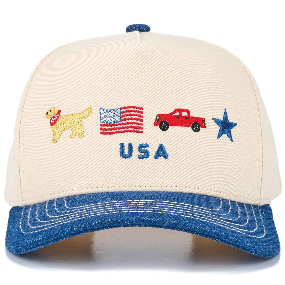 C.C USA Letter with Icon Embroidered on Two Tone Trucker Hat: Dark Denim