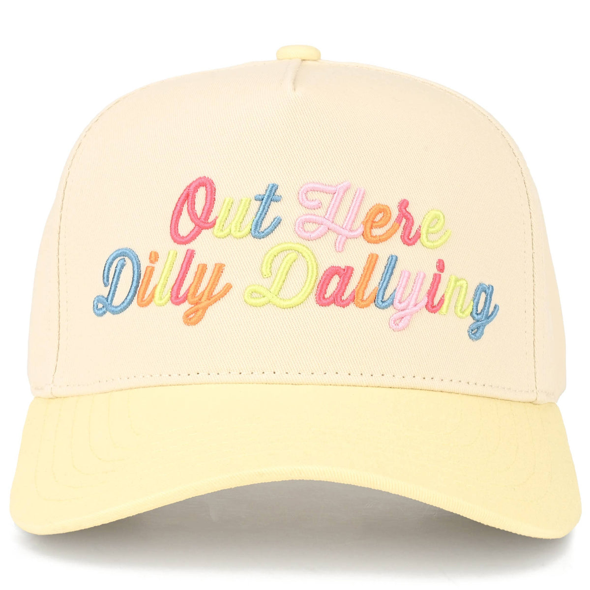 C.C OUT HERE DILLY DALLYING Letter on Two Tone Trucker Hat: Hot Pink
