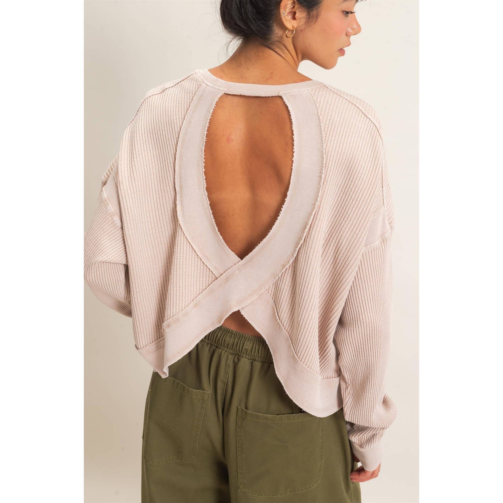 Mineral Wash Waffle Open Back Top TAUPE