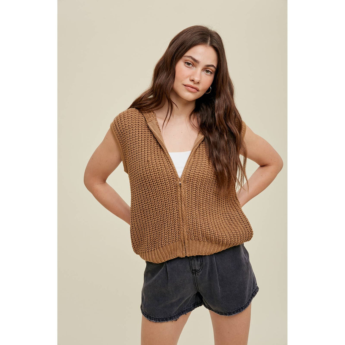 SWEATER HOODED VEST WITH SIDE POCKETS