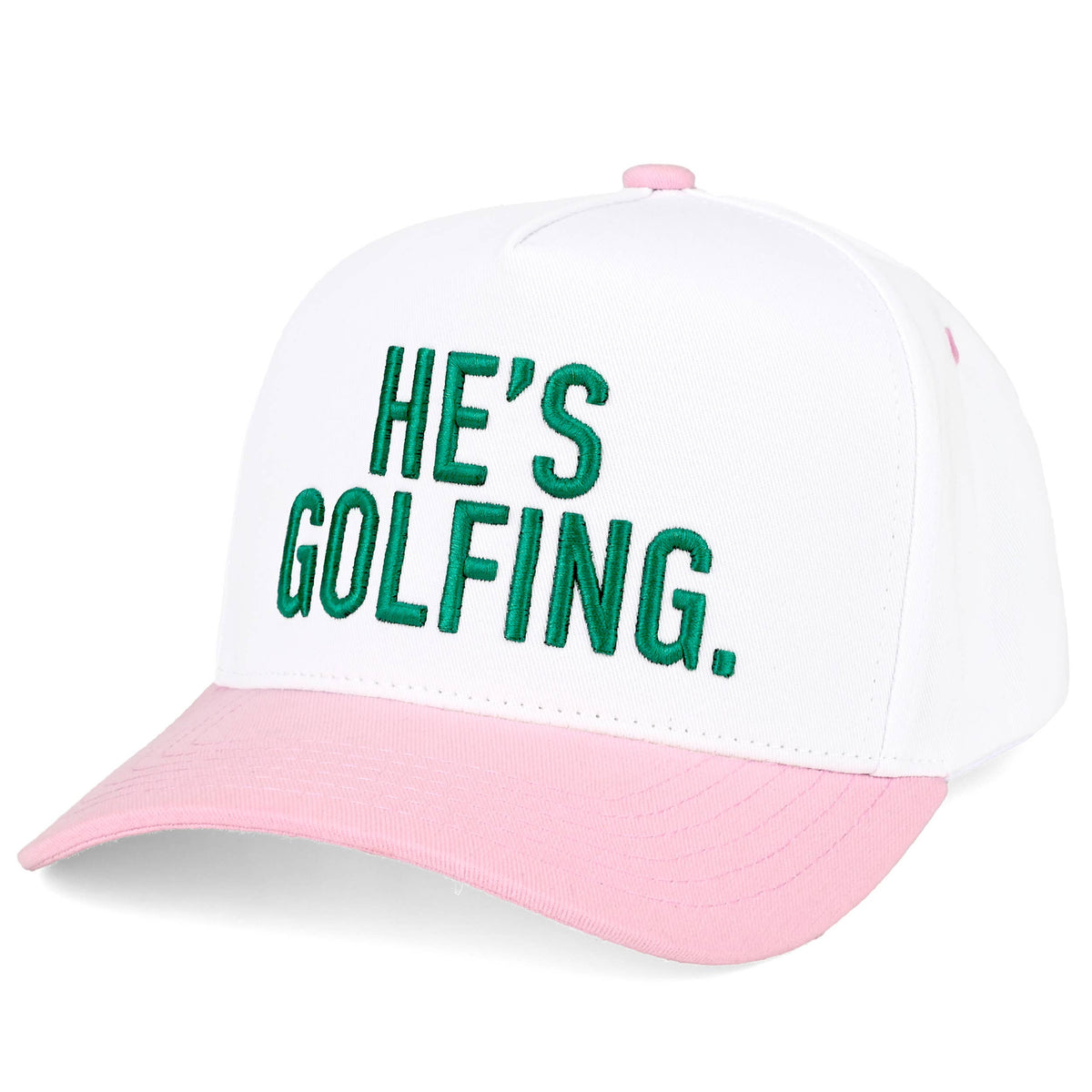 C.C HE'S GOLFING Letter Embroidered on Two Tone Trucker Hat: Light Pink