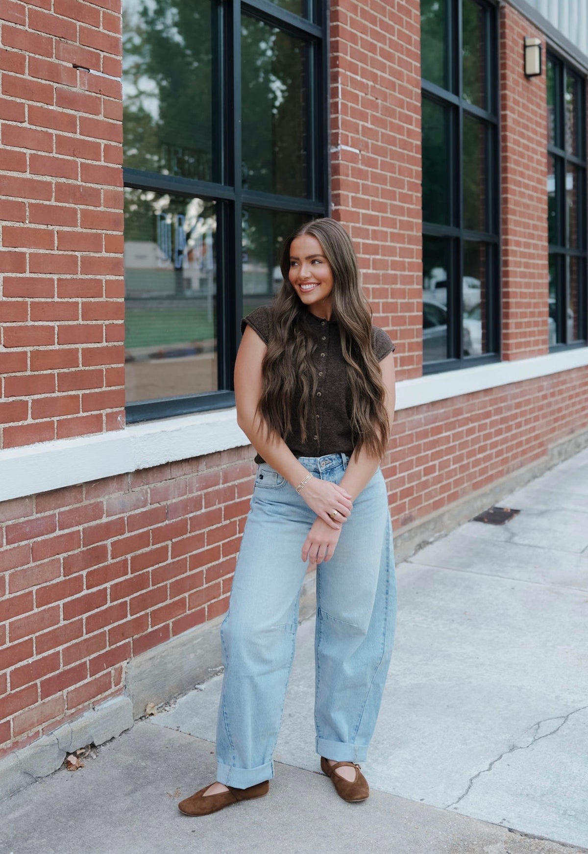 Brown Short Sleeve Button Down Sweater