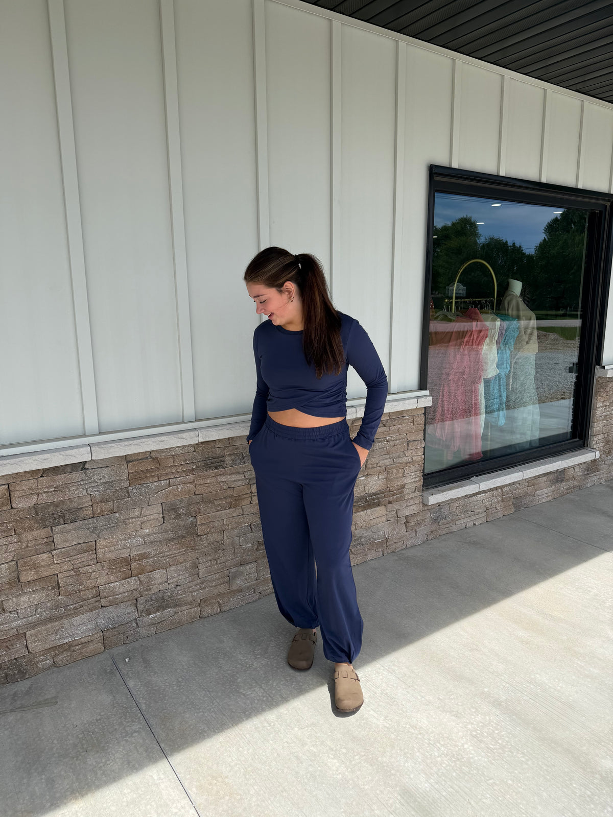 Navy Cropped Crossover Long Sleeve Top