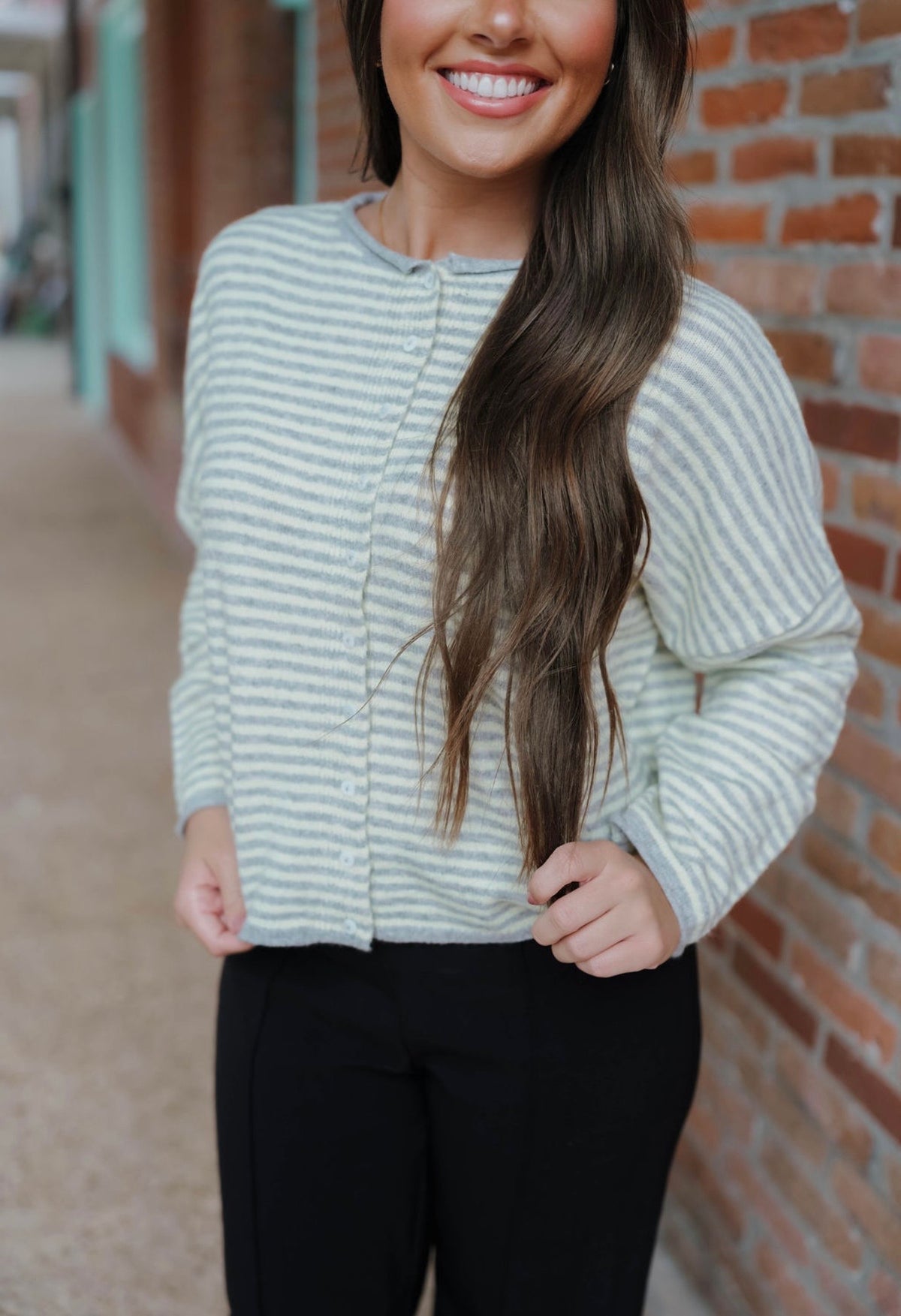 Stripe Raw Edge Drop Shoulder Knit Cardigan Yellow