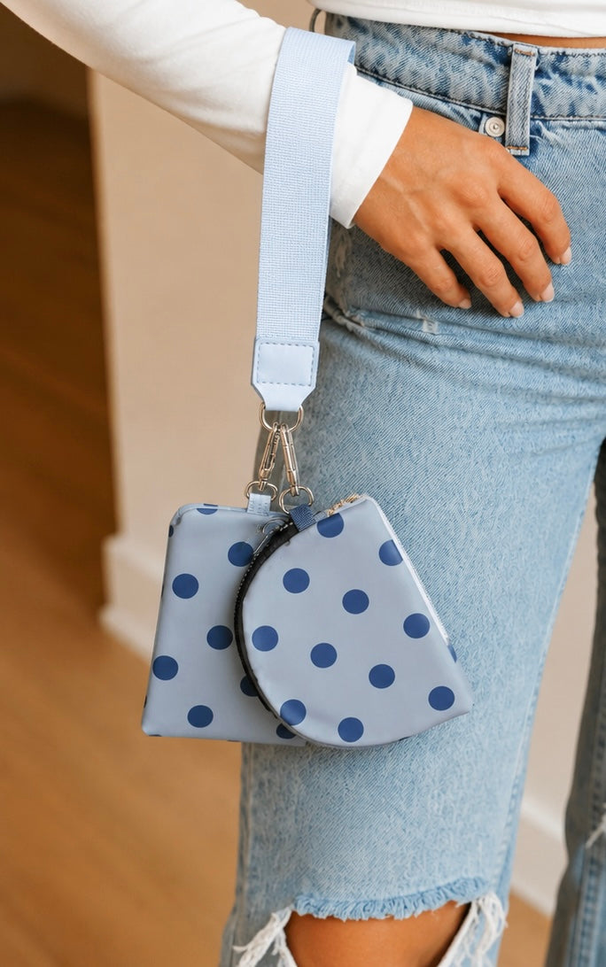 Blue Polka Dot Dual Pouch Wristlet