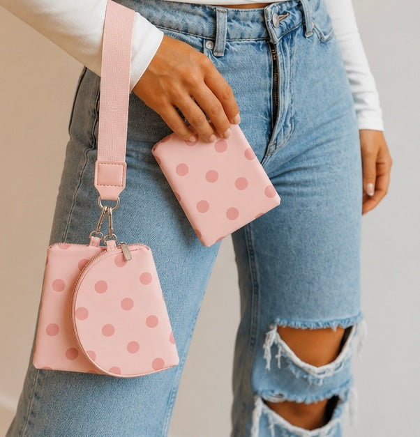 Pink Polka Dot Dual Pouch Wristlet