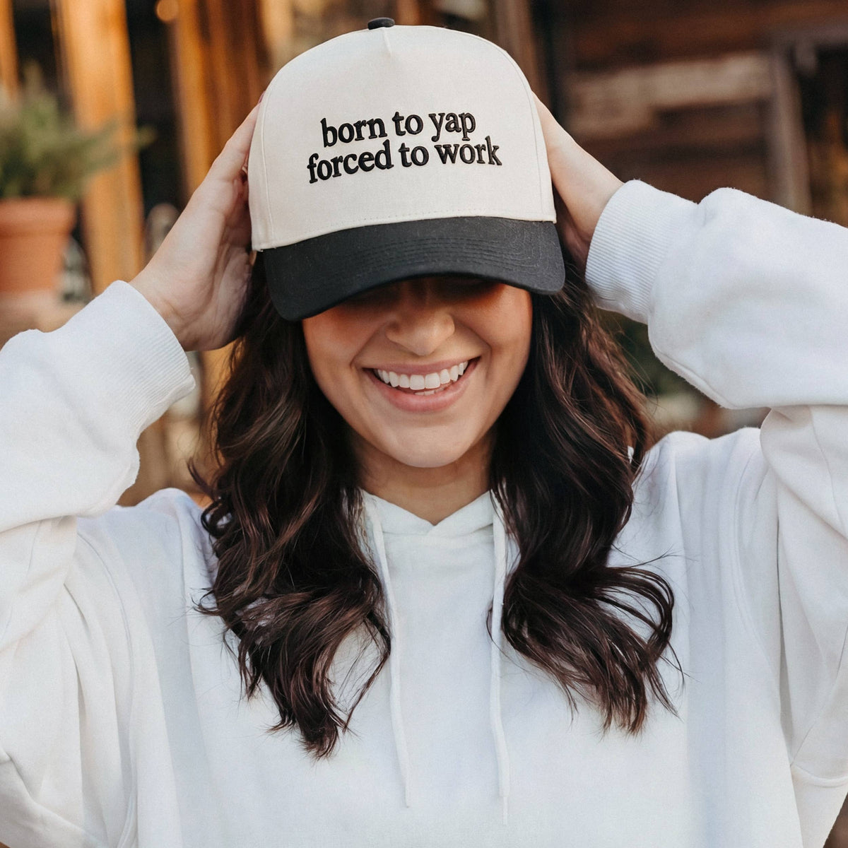 C.C BORN TO YAP FORCED TO WORK Letter  Two Tone Trucker Hat