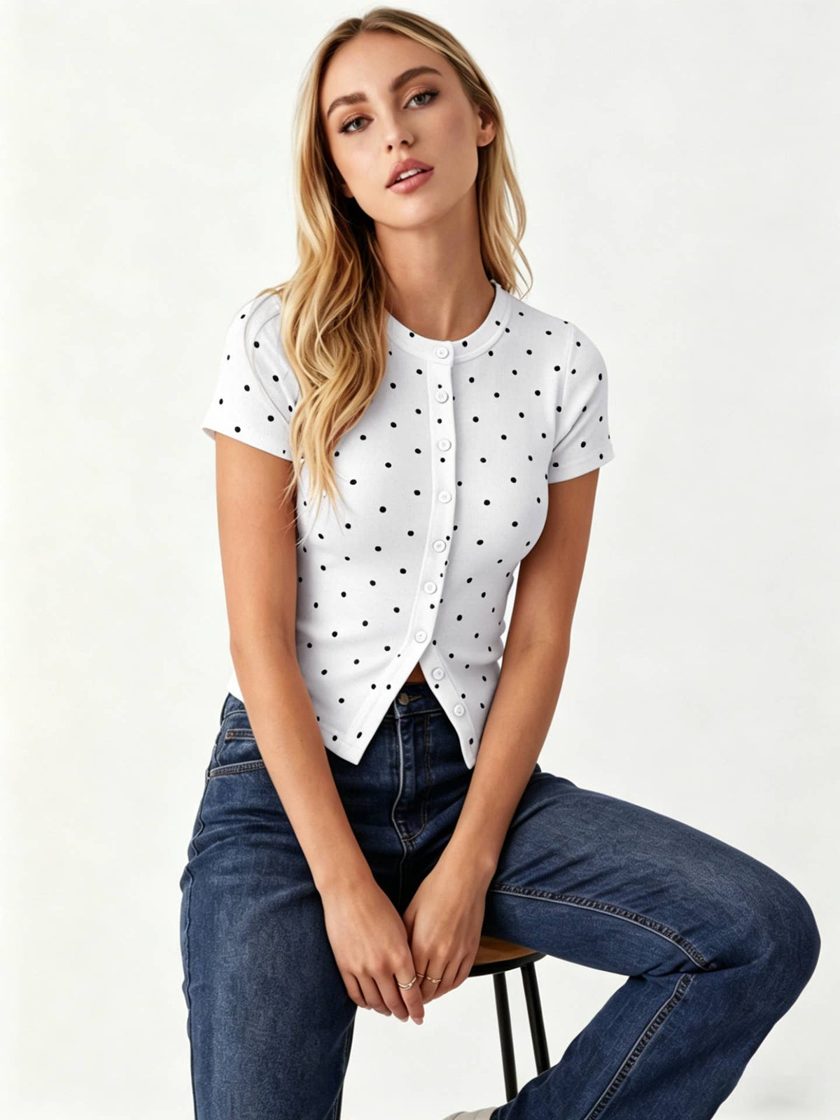 Ribbed Polka Dot Fitted Short Sleeve T-Shirt: Red