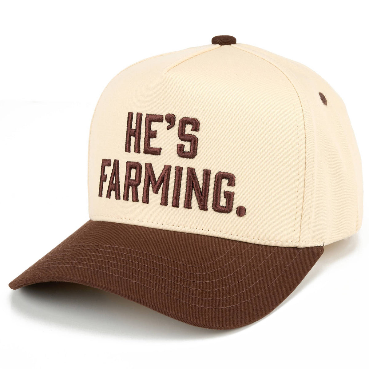 C.C HE'S FARMING Letter Embroidered Two Tone Trucker Hat: Brown