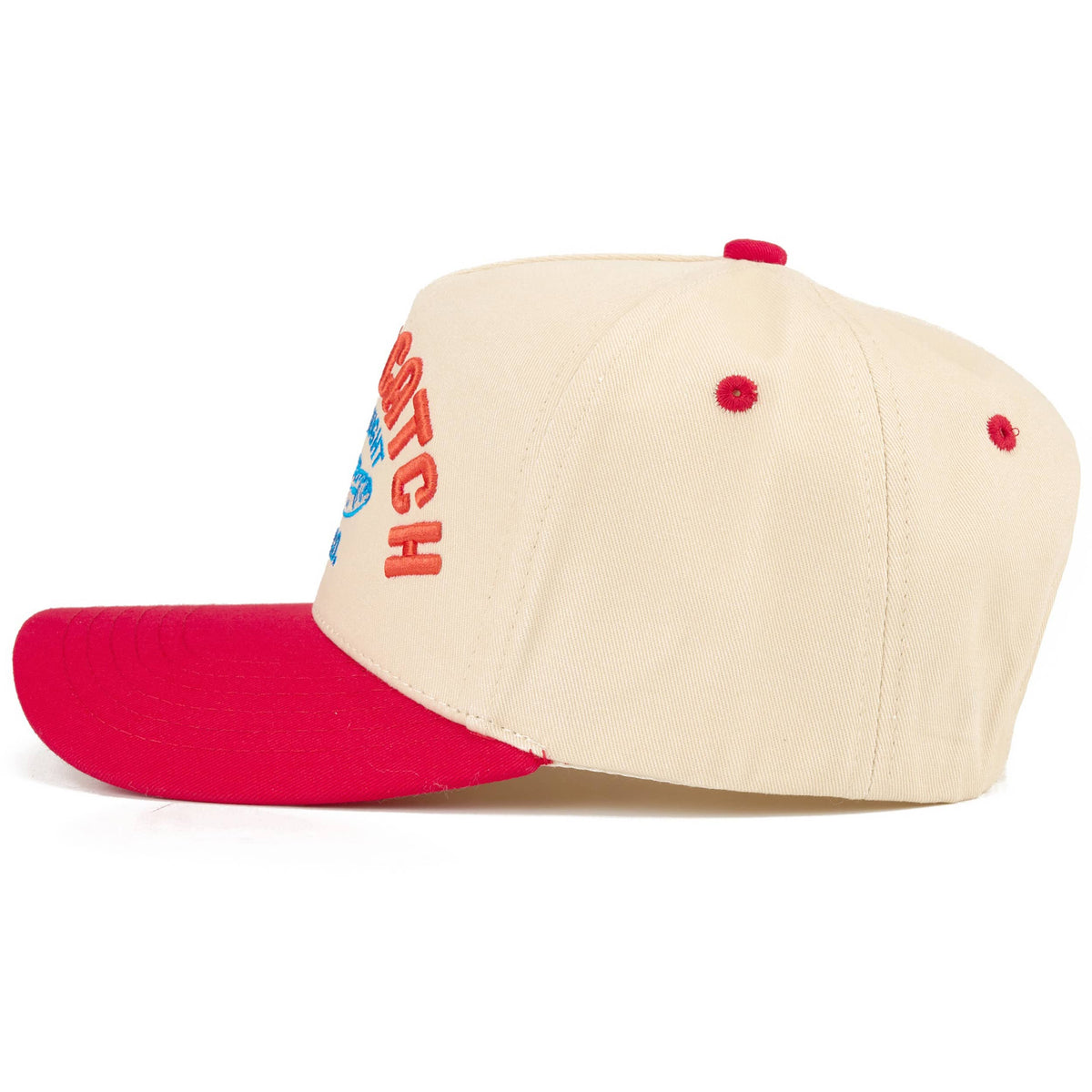 C.C LUCKY CATCH Embroidered Letter on Two Tone Trucker Hat: Red