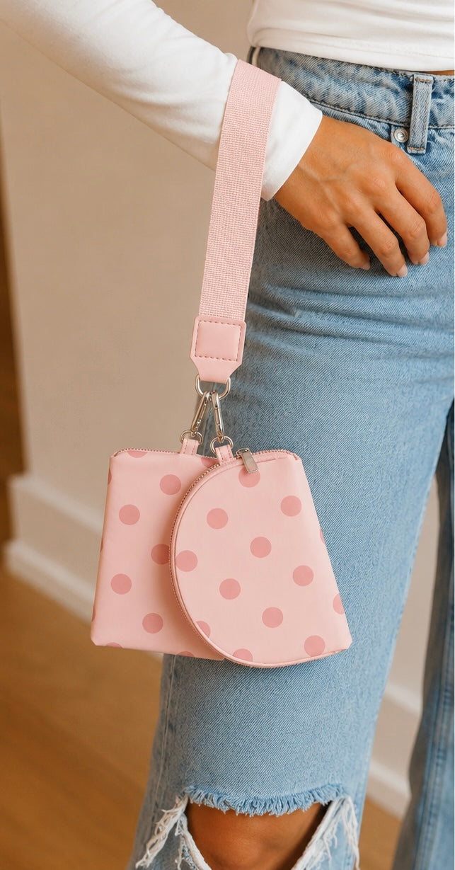 Pink Polka Dot Dual Pouch Wristlet