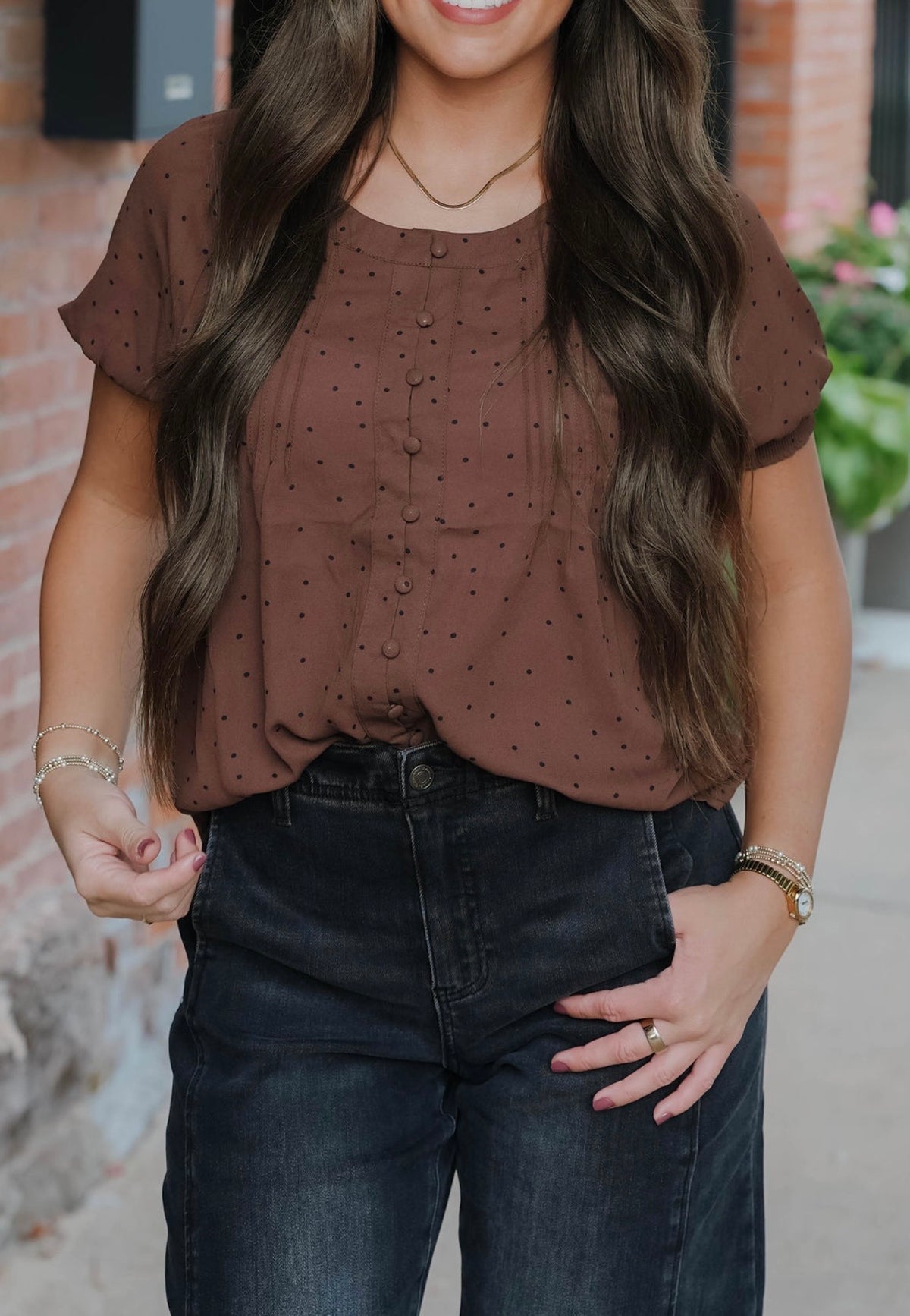 Pintuck Polka Dot Button Down Blouse