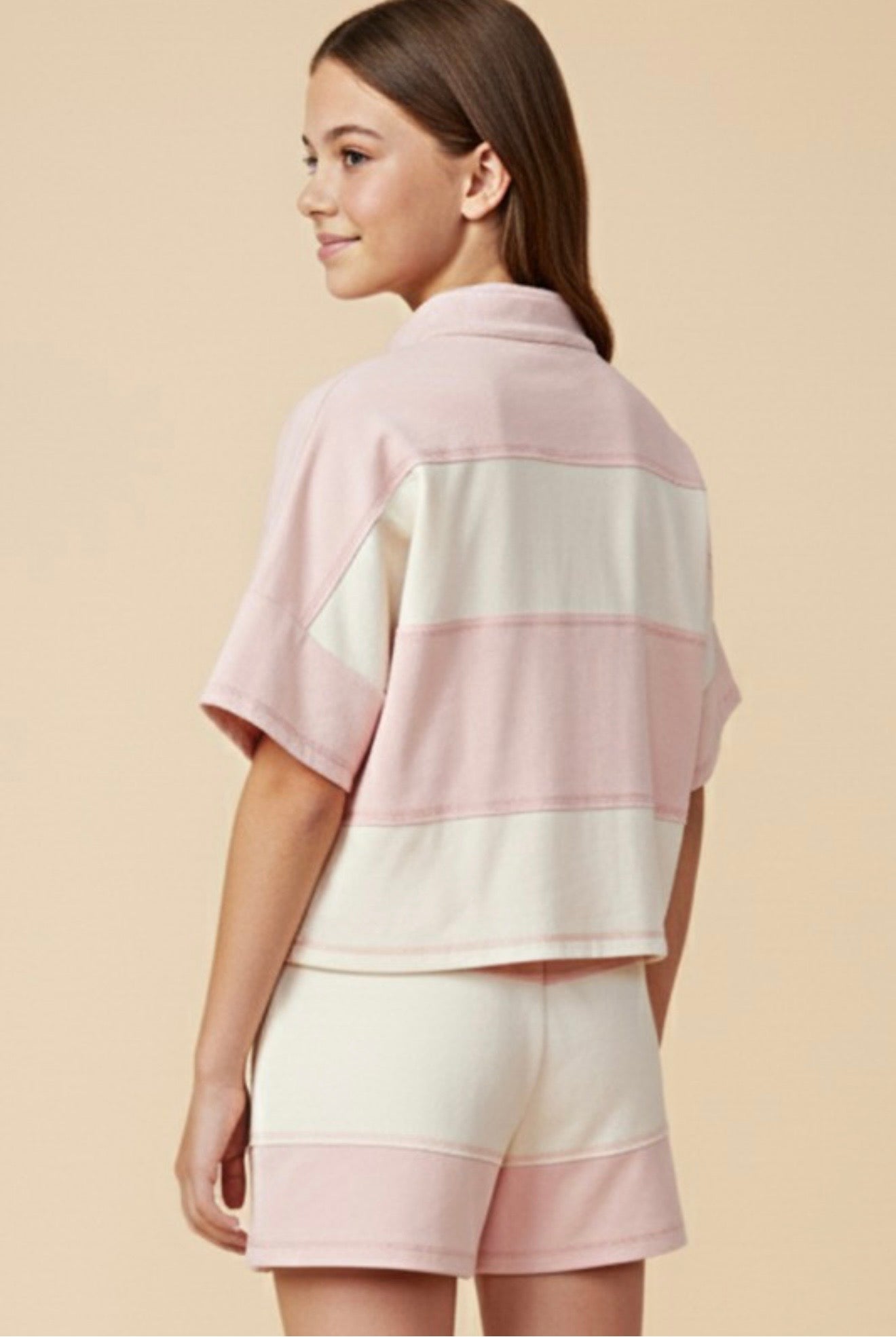 Girls Pink Color Block Stripe Shorts