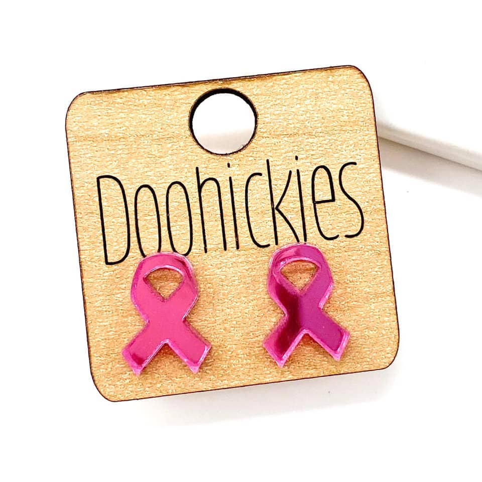 15mm Breast Cancer Awareness Acrylic Ribbon Studs - Awareness Earrings: Mirror Pink