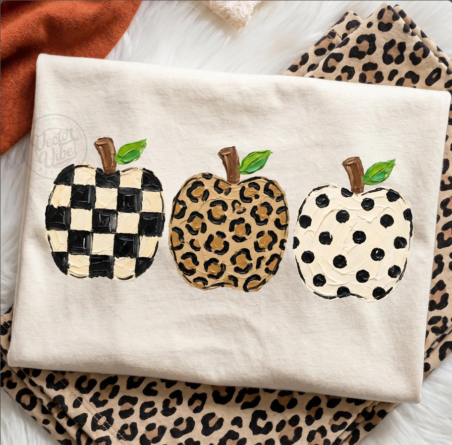 Leopard Apple Trio Graphic Tee | Neutral Teacher Shirt: Ivory / Extra Large