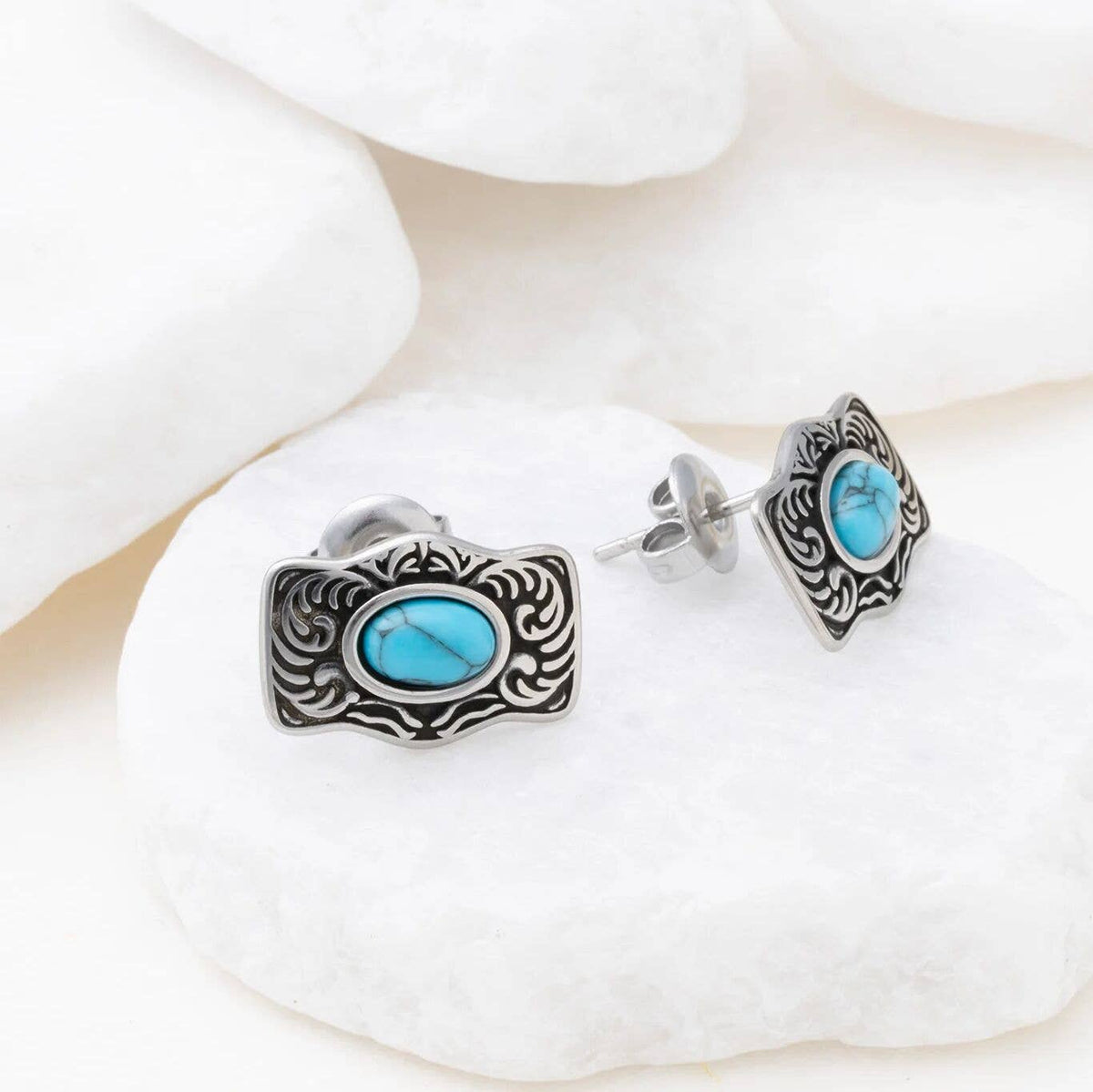 Gold Stainless Steel Turquoise Stone Buckle Stud Earrings: Gold