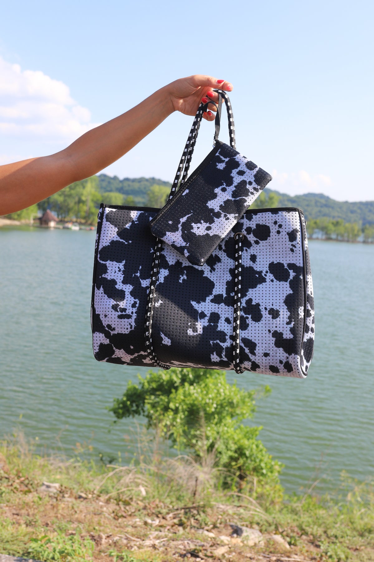 Beach Hand Bag in Black Cowhide
