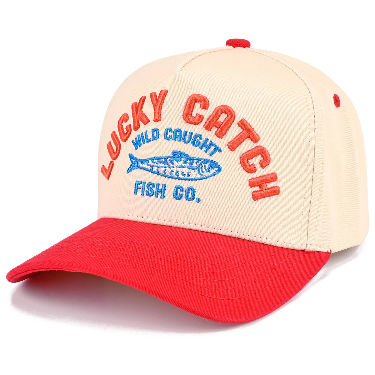 C.C LUCKY CATCH Embroidered Letter on Two Tone Trucker Hat: Red