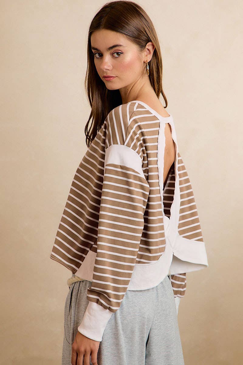 STRIPE OPEN BACK LONG SLEEVES TOP: HUNTER/IVORY