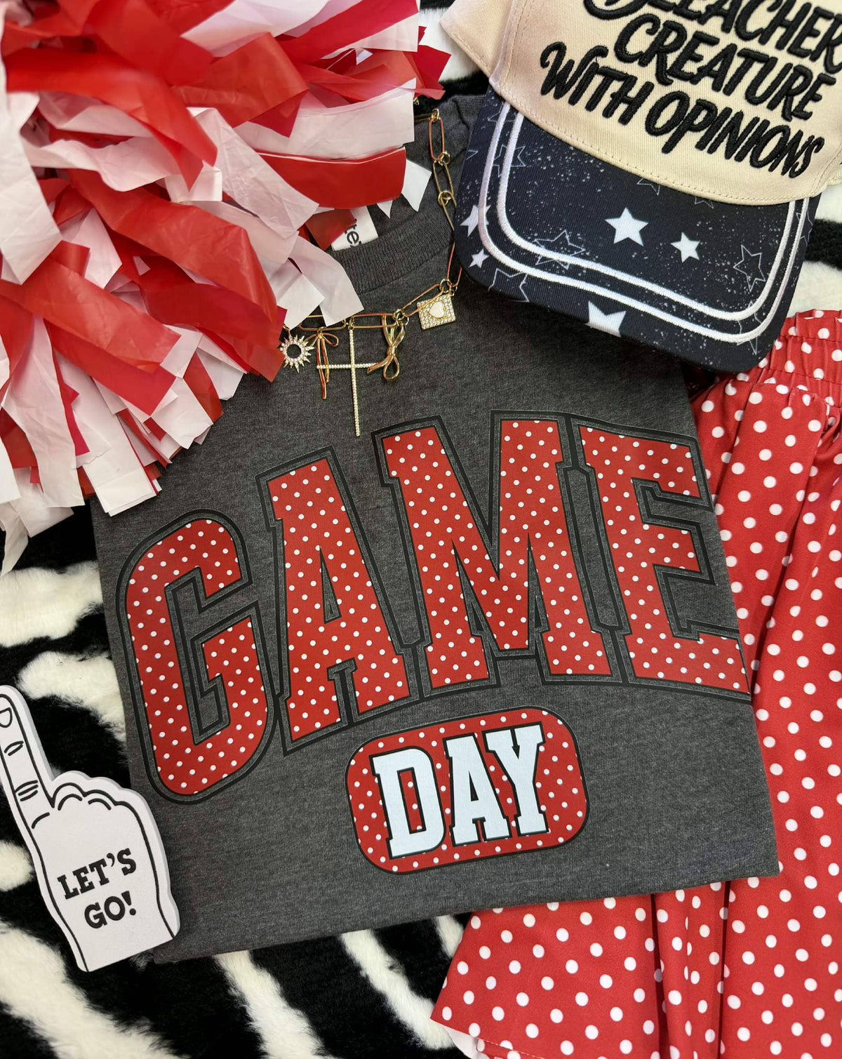 GAME DAY RED POLKA DOTS TEE: Athletic Charcoal / M