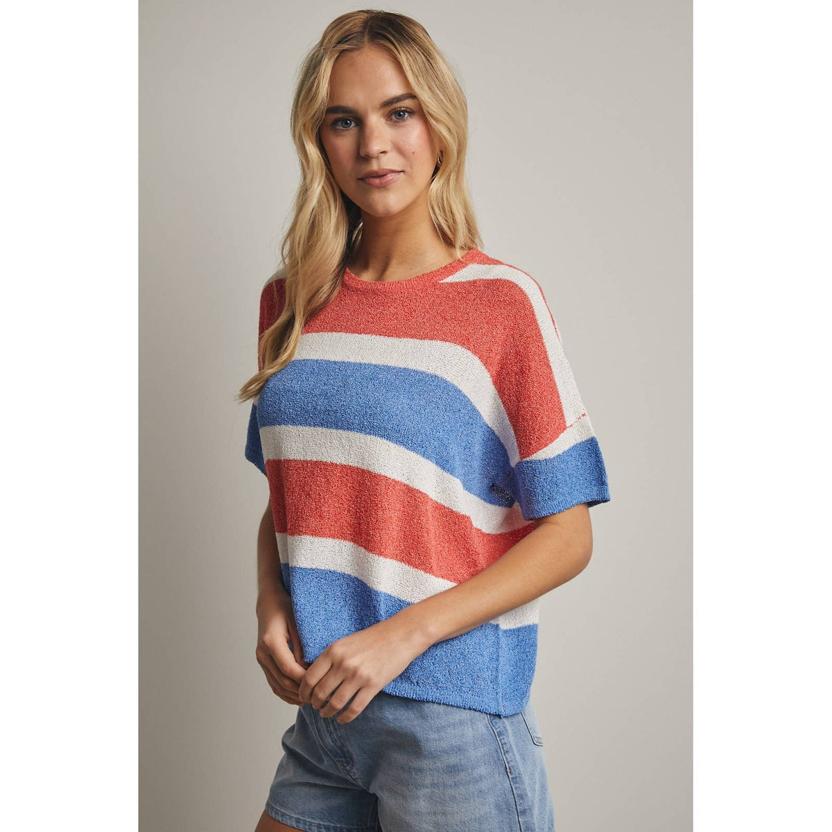 STRIPED BOXY SWEATER TOP / WL25-11701: RED/BLUE / L