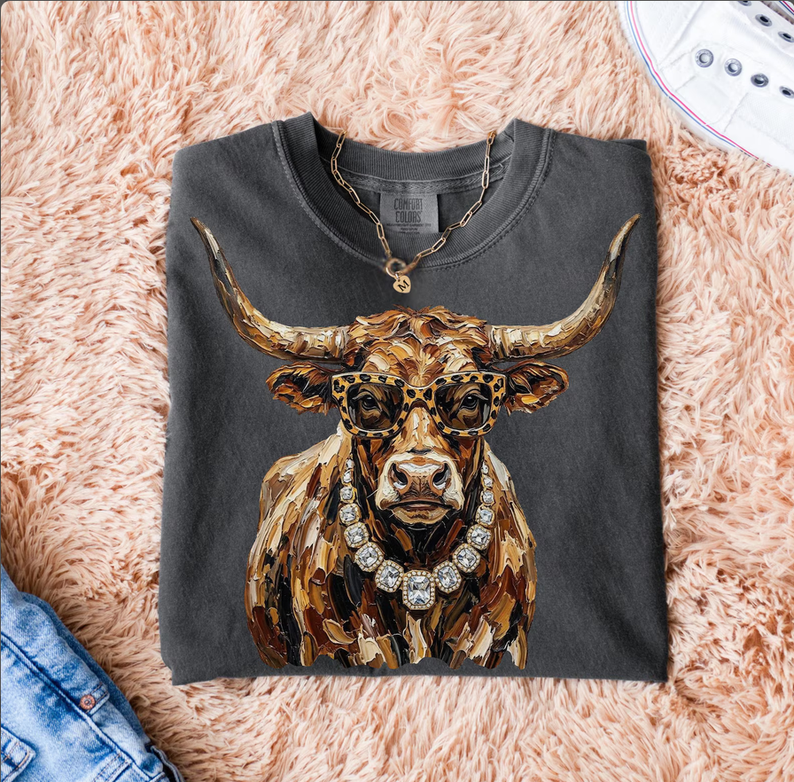 Glam Longhorn Graphic Tee – Leopard Glasses &amp; Rhinestone : Pepper / Extra Large
