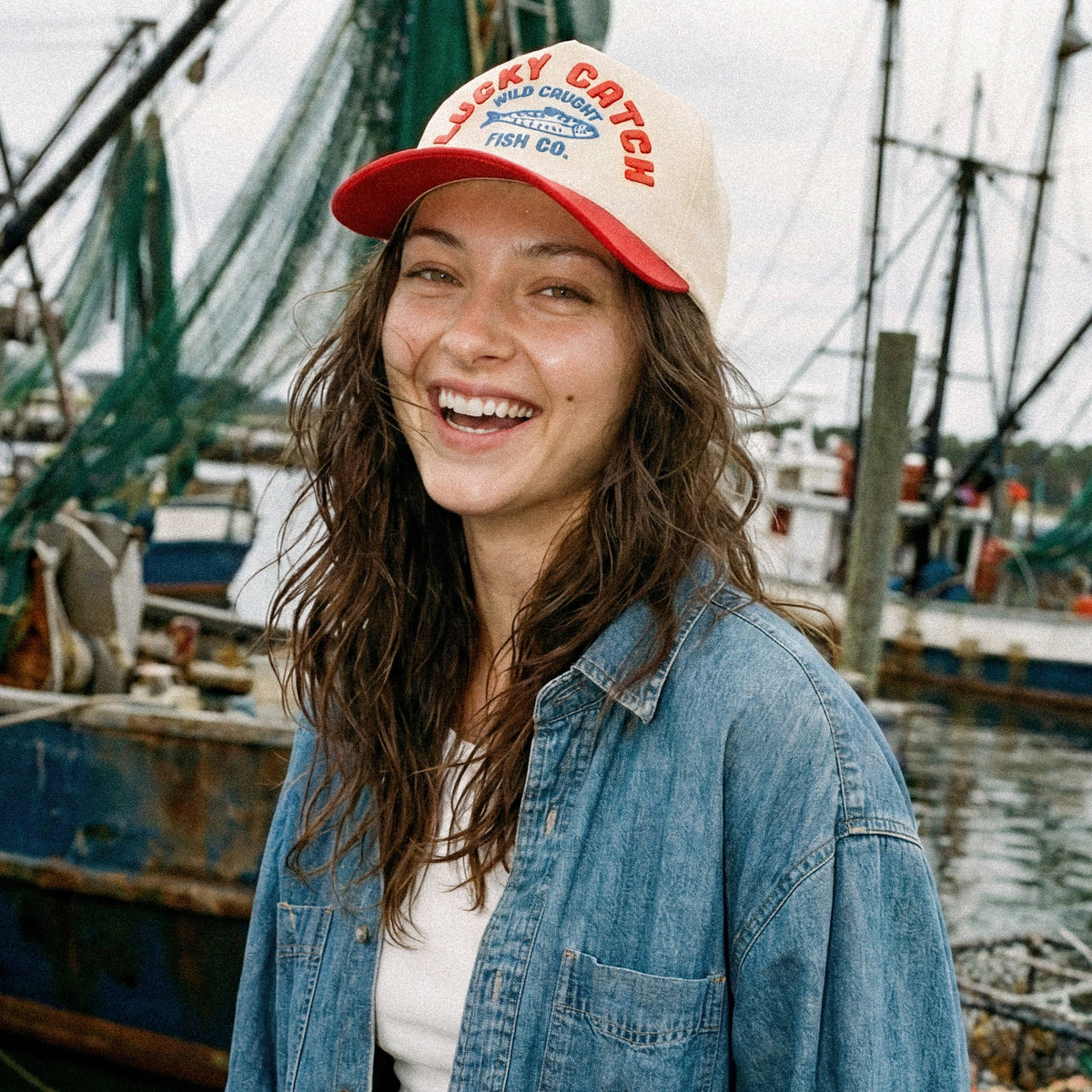 C.C LUCKY CATCH Embroidered Letter on Two Tone Trucker Hat: Red