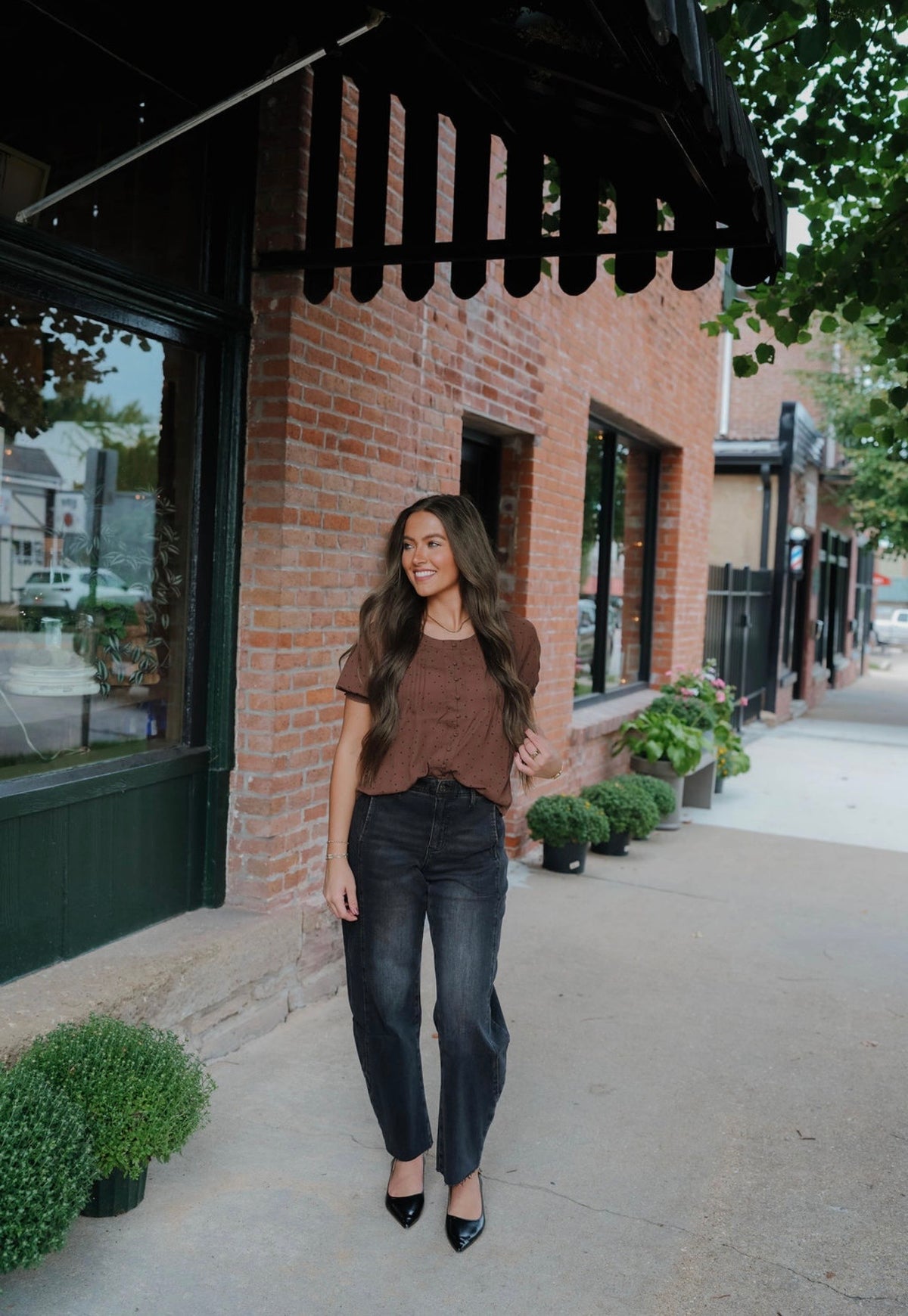 Pintuck Polka Dot Button Down Blouse