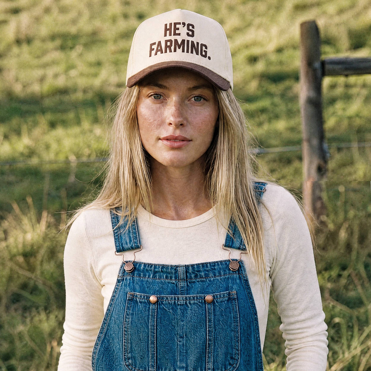 C.C HE'S FARMING Letter Embroidered Two Tone Trucker Hat: Brown