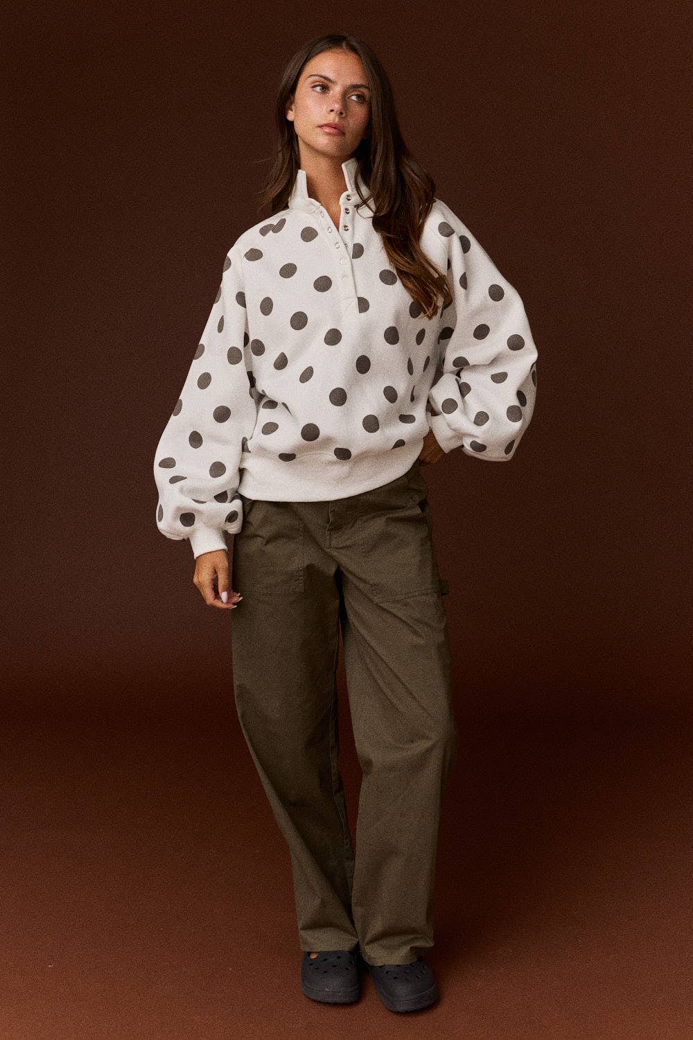 White/Brown Collar Half-Snap Button  Polka Dot Sweatshirt