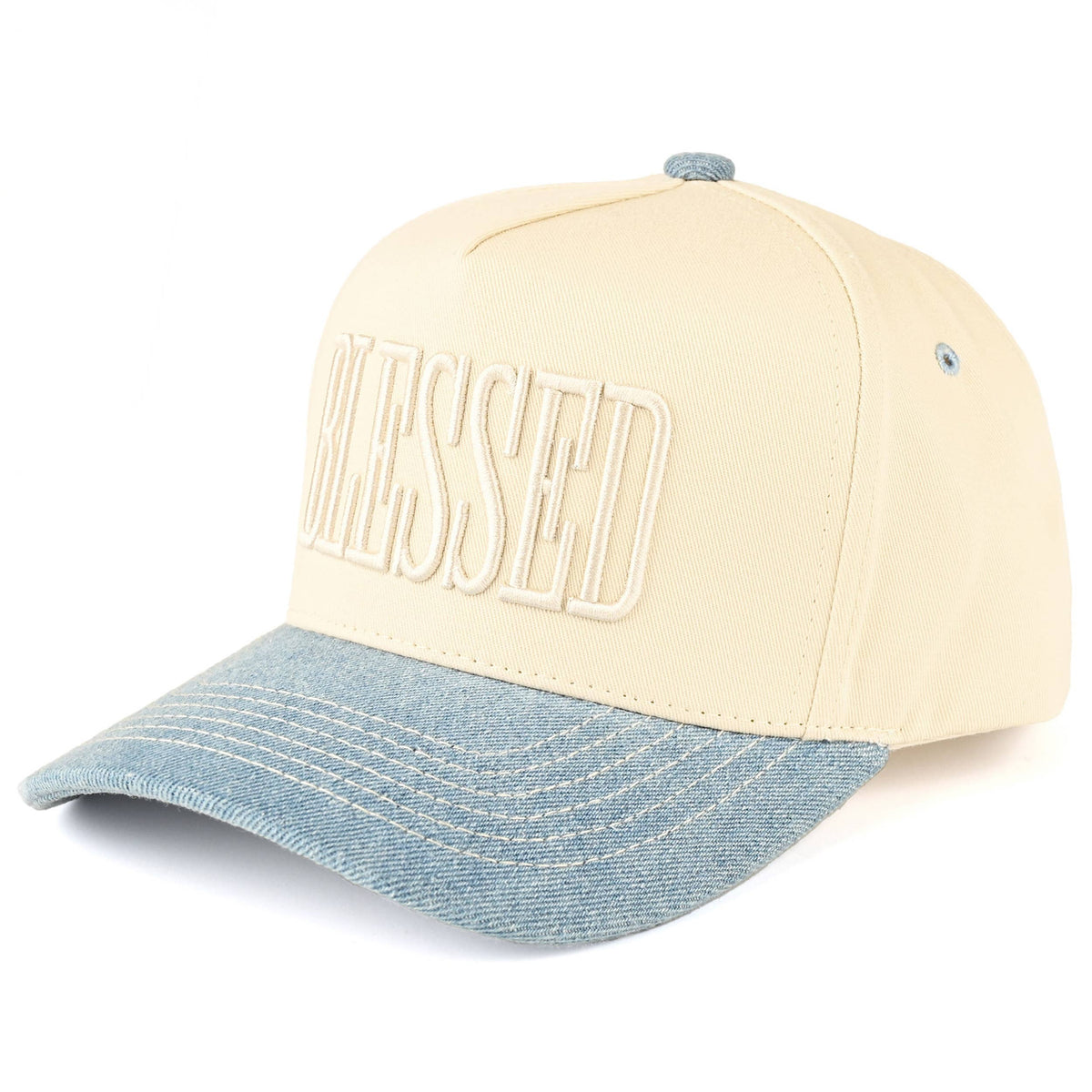 C.C BLESSED Letter Embroidered Two Tone Trucker Cap: Denim