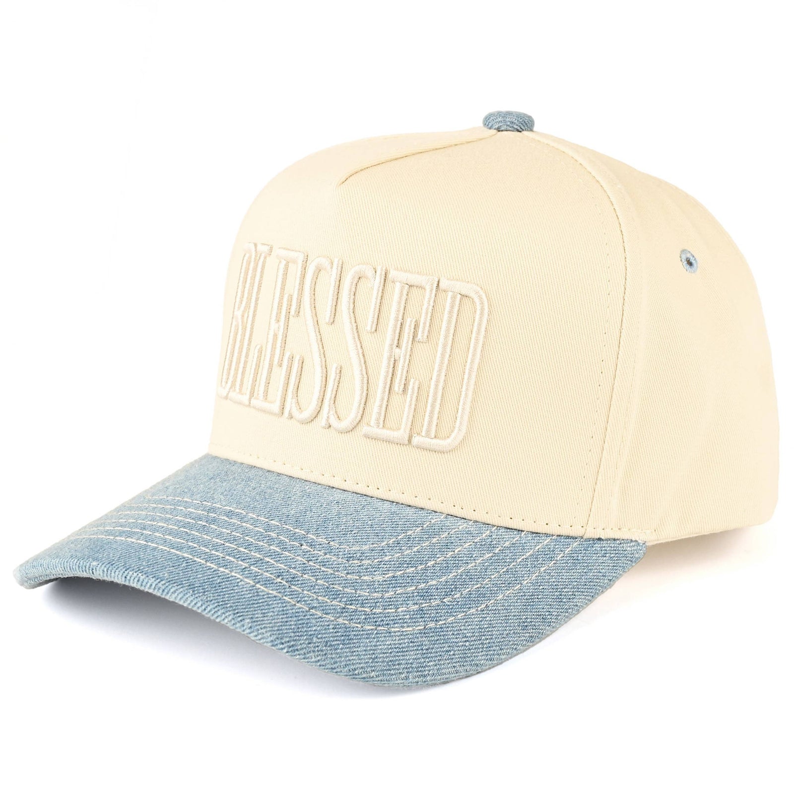 C.C BLESSED Letter Embroidered Two Tone Trucker Cap: Denim